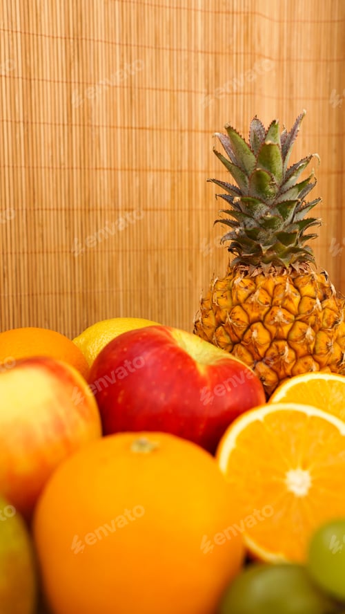 Preview: Spring or Summer concept. Many kinds of fruit. Vertical photo