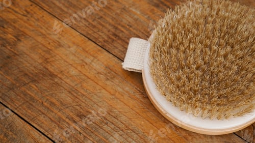 Preview: Dry massage brush made of natural materials on a wooden background