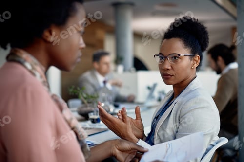Preview: Experienced black businesswoman coaching female newcomer about working in company.