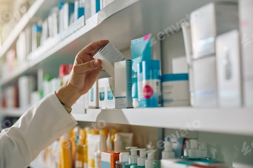 Preview: Close up of pharmacist taking medicine box from a shelf.