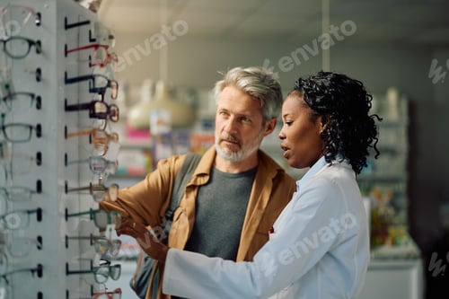 Preview: Black eye care professional assisting a man with selecting new eyeglass frame.