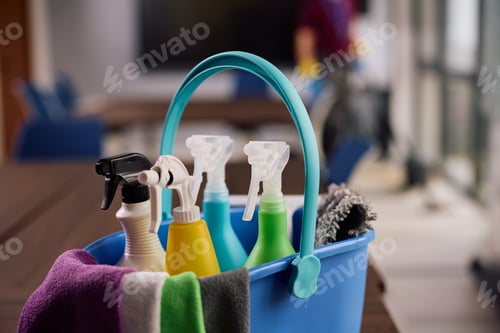 Preview: Housekeeping supplies and cleaning tools in a bucket.