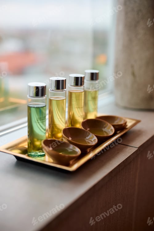 Preview: Variety of massage oils at health spa.