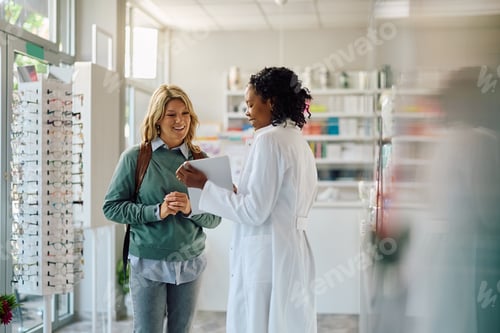 Preview: Happy woman and her pharmacist using digital tablet in a pharmacy.