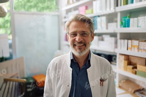 Preview: Happy mature pharmacist at work looking at camera.