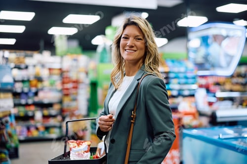 Preview: Happy woman buying groceries in supermarket and looking at camera.