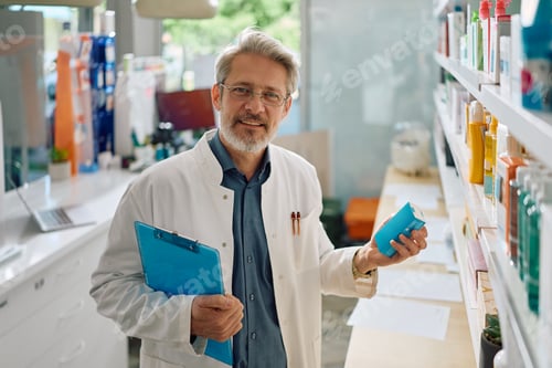 Preview: Happy mature pharmacist working in drugstore and looking at camera.