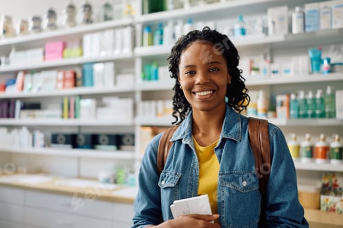 Preview: Happy black woman in a pharmacy looking at camera.