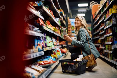 Preview: Happy woman buying snacks at grocery store.