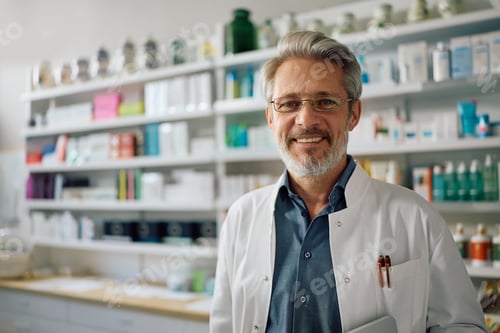 Preview: Portrait of happy mature pharmacist looking at camera.