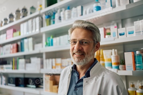 Preview: Portrait of happy mature pharmacist in a pharmacy looking at camera.