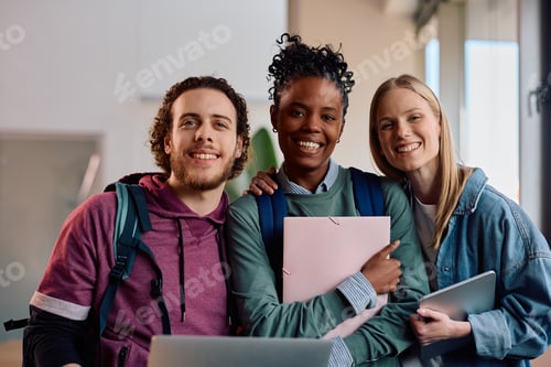 Preview: Portrait of happy diverse university students looking at camera.