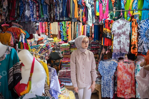 Preview: Muslim woman shopping clothes at colorful market in Indonesia