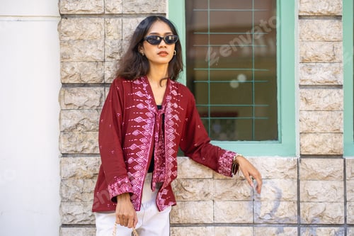 Preview: Indonesian Woman Wearing Sunglasses Posing by Stone Wall