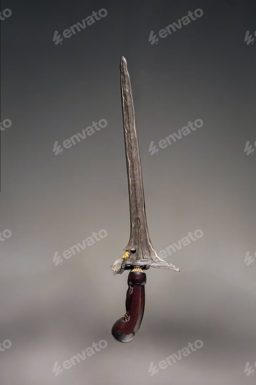 Preview: Traditional Straight Blade Keris with Ornate Dark Wooden Handle on Plain Background