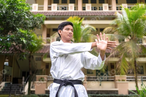 Preview: Asian Indonesian karate athlete stretching shoulders outdoors before training