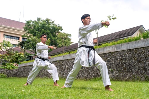 Preview: Asian Indonesian karate athletes performing kata training outdoors