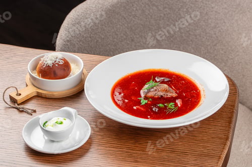 Preview: Traditional red borscht soup with beef sour cream and bread served on wooden table in restaurant