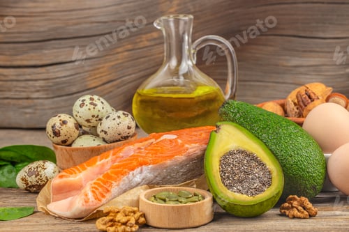 Preview: Healthy omega 3 foods with salmon avocado eggs nuts and olive oil