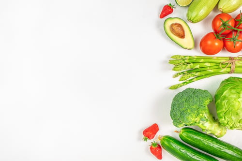Preview: Fresh vegetables and fruits border with copy space