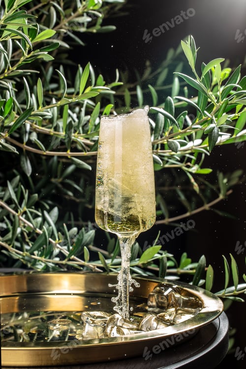 Preview: Champagne splash in elegant flute glass with sparkling bubbles and olive branches in luxury outdoor