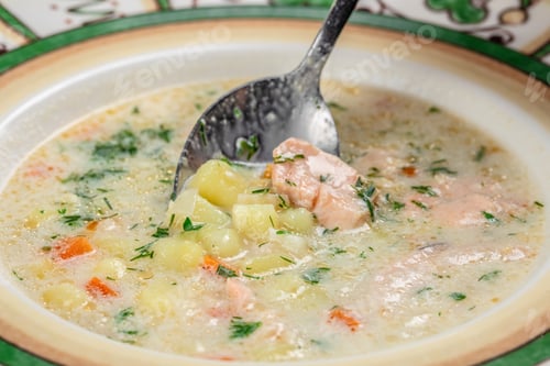 Preview: Salmon soup with potatoes and spoon close up