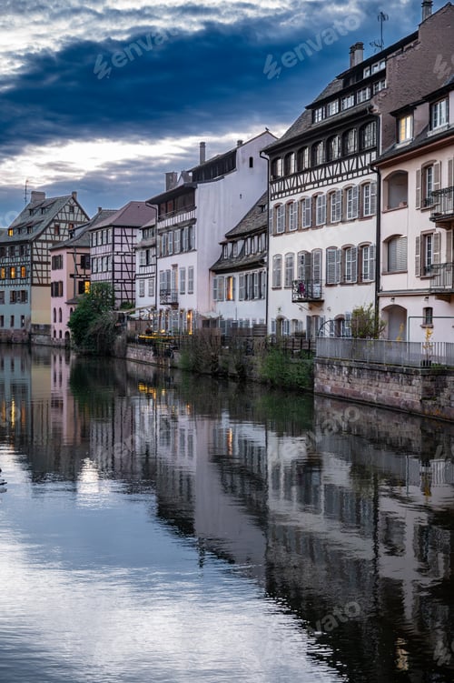 Preview: Dramatic Twilight Skyline Over Canal Timbered Buildings