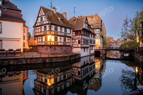 Preview: Timbered House Reflection on Calm Canal at Twilight Strasbourg