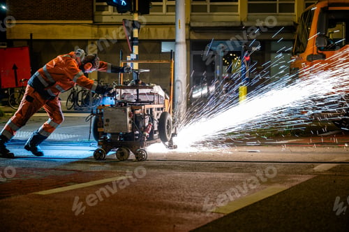 Preview: Hi-Vis Worker Grinding Tram Rails at Night