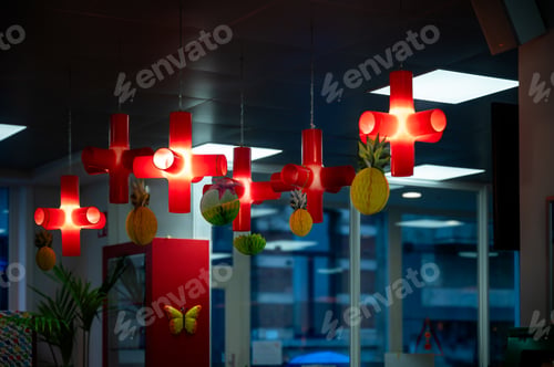 Preview: Red Cross Decorations Hanging in Donation Center