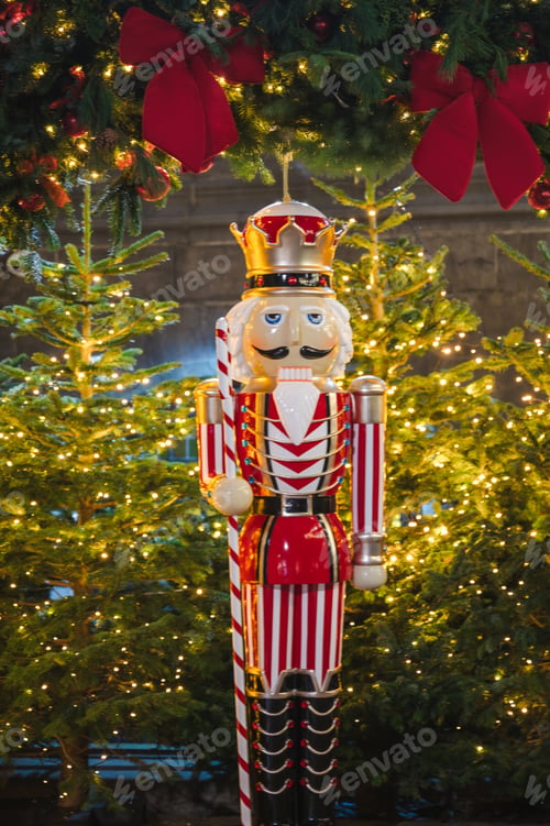 Preview: Close-up of Festive Nutcracker King with Christmas Lights