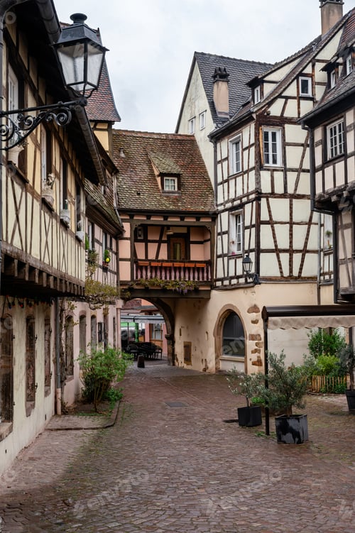Preview: Rainsoaked cobblestone alley lined with timbered facades and