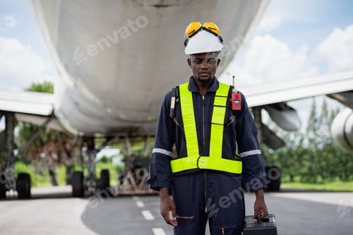 Preview: Professional aircraft maintenance engineer using safety equipment and tools to inspect an airplane e