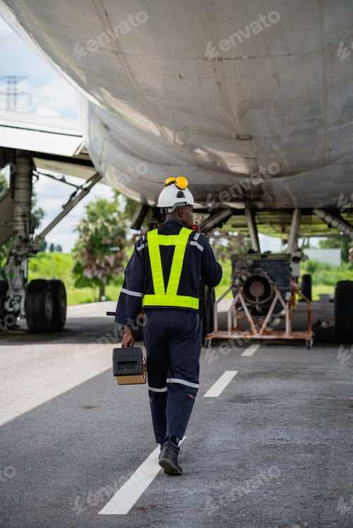 Preview: Professional aircraft maintenance engineer using safety equipment and tools to inspect an airplane e