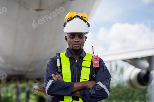 Preview: Professional aircraft maintenance engineer using safety equipment and tools to inspect an airplane e