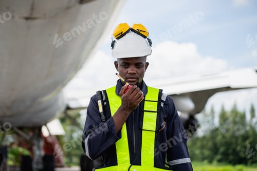 Preview: Professional aircraft maintenance engineer using safety equipment and tools to inspect an airplane e