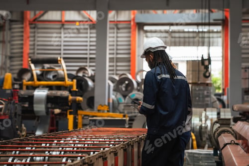 Preview: Industrial Workers Inspecting and Measuring Steel Metal Sheets Inside Modern Manufacturing Factory E