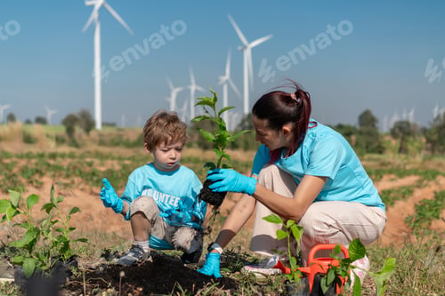 Preview: Volunteer Family Team Planting Trees and Seedlings Together in Open Field with Wind Turbines in Back
