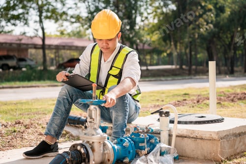 Preview: Professional Engineer Conducting a Detailed Inspection of the Outdoor Plumbing Infrastructure and Wa