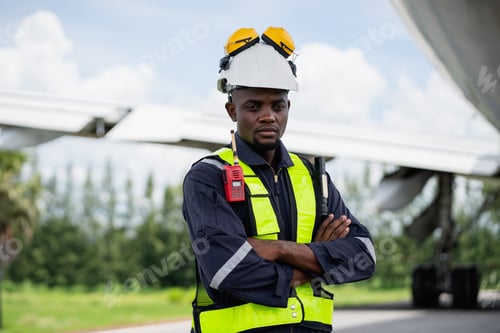 Preview: Professional aircraft maintenance engineer using safety equipment and tools to inspect an airplane e