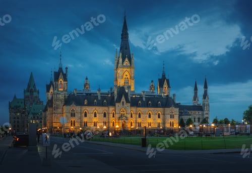Preview: West Block of the Canadian Parliament Illuminated at night on Parliament Hill - Ottawa, Ontario, Can