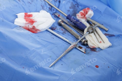 Preview: Surgical Tools and Materials on Blue Surgical Sheet After Procedure