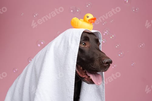 Preview: Dog wrapped in towel with rubber duck spa concept