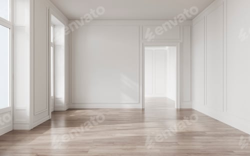 Preview: Bright classic empty room with white wall mockup, elegant interior and wooden floor, 3d rendering