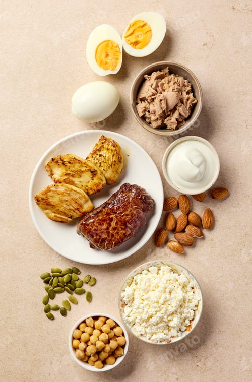 Preview: High protein foods with chicken, beef, eggs, tuna, cottage cheese and nuts, top view
