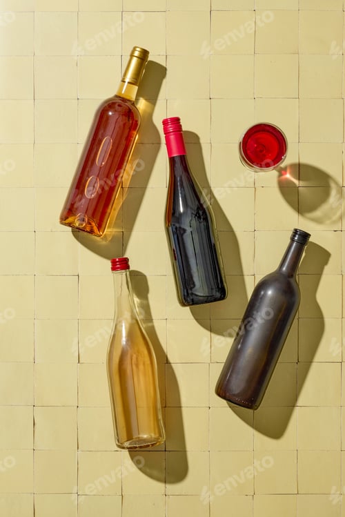 Preview: Assorted wine bottles and glasses on light yellow background, top view