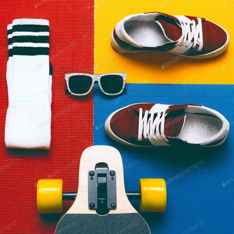 Set skateboarder. Sneakers, socks, skateboard. Eyeglasses. Urban