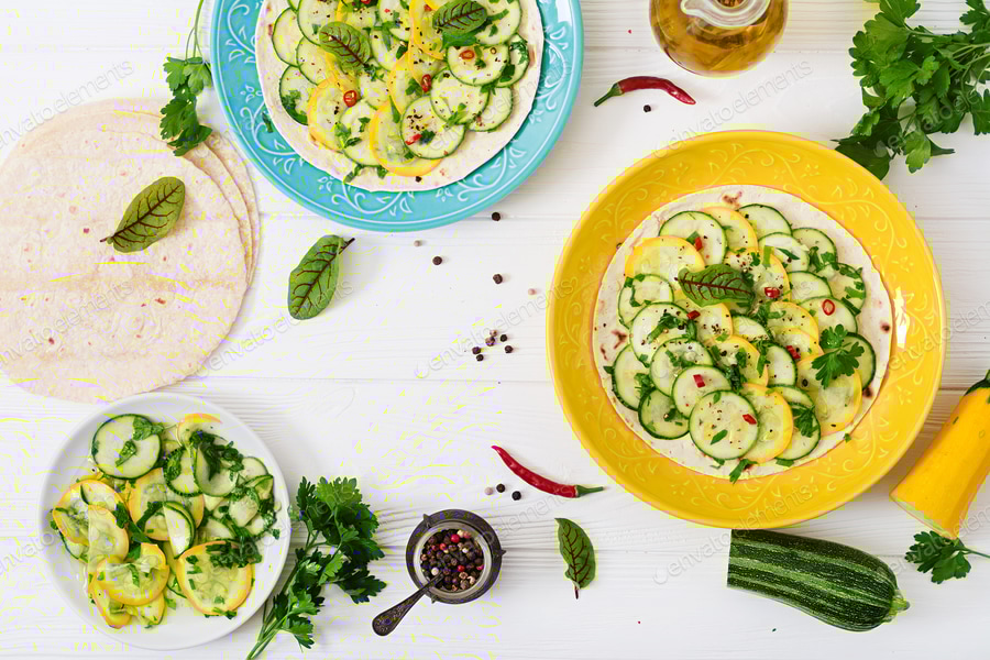 Vegan tacos with pickled zucchini and chili pepper. Flat lay. Top view