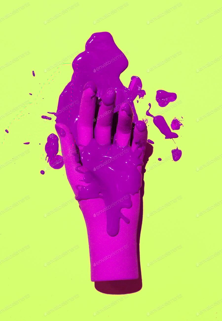 Cover for Fake hand and stain of purple paint on fresh green background. Minimalist creative wallpaper