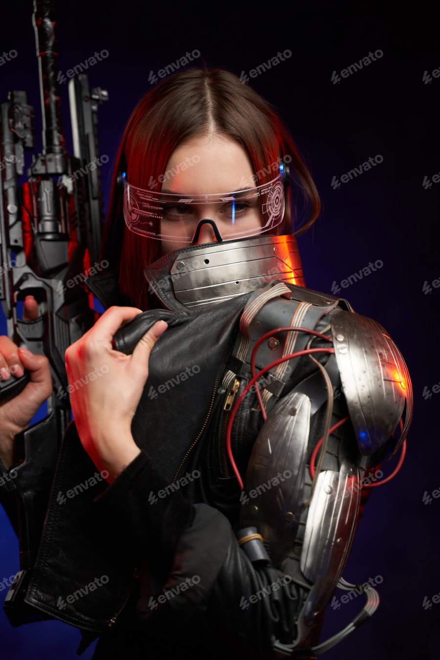 Cover for Futuristic woman with eyewear and rifle in dark blue background